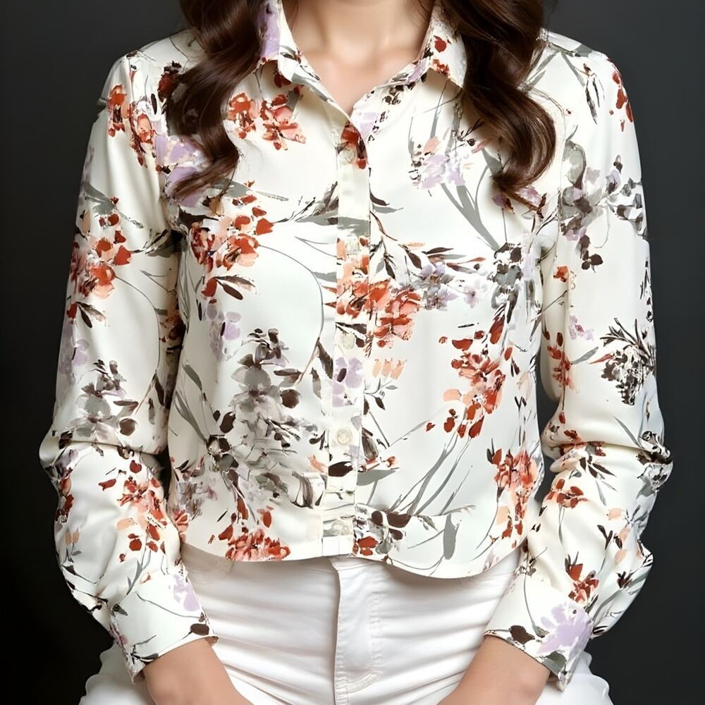 Anthropologie Drew NWOT Ivory Floral Print Cropped Button Blouse Size Medium